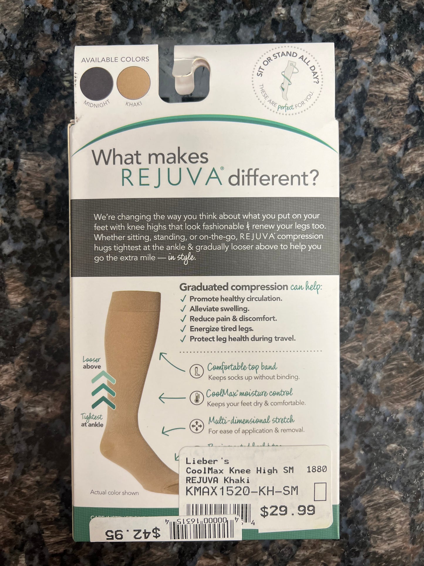 Final Sale- Rejuva Knee High Coolmax Compression Socks (Small-Khaki)- $10