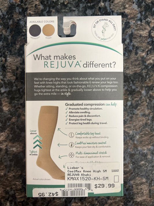 Final Sale- Rejuva Knee High Coolmax Compression Socks (Small-Khaki)- $10
