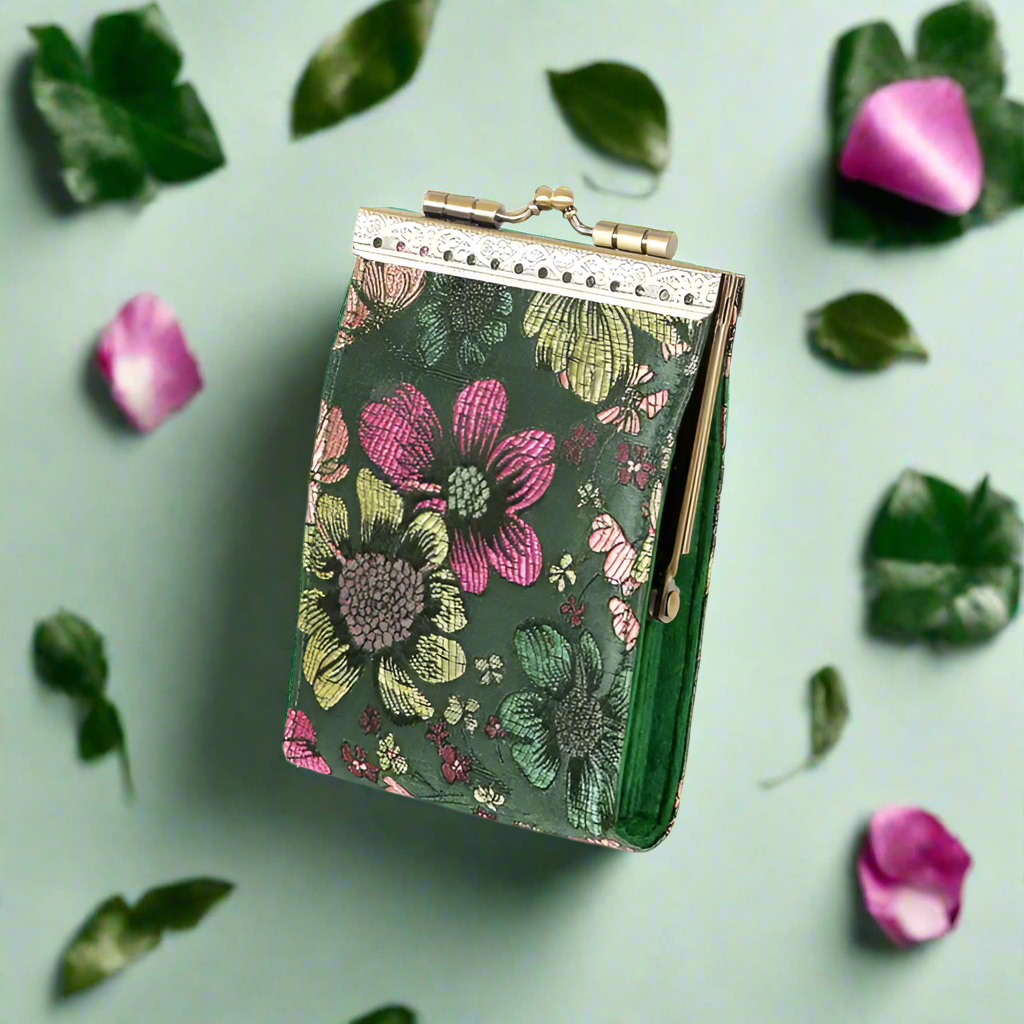 Cathayana RFID Accordian Card Wallet Bamboo Leaves Floral- Green Pink