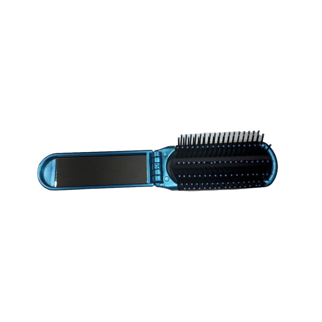 Travel Folding Hair Brush with Mirror Metallic Aqua