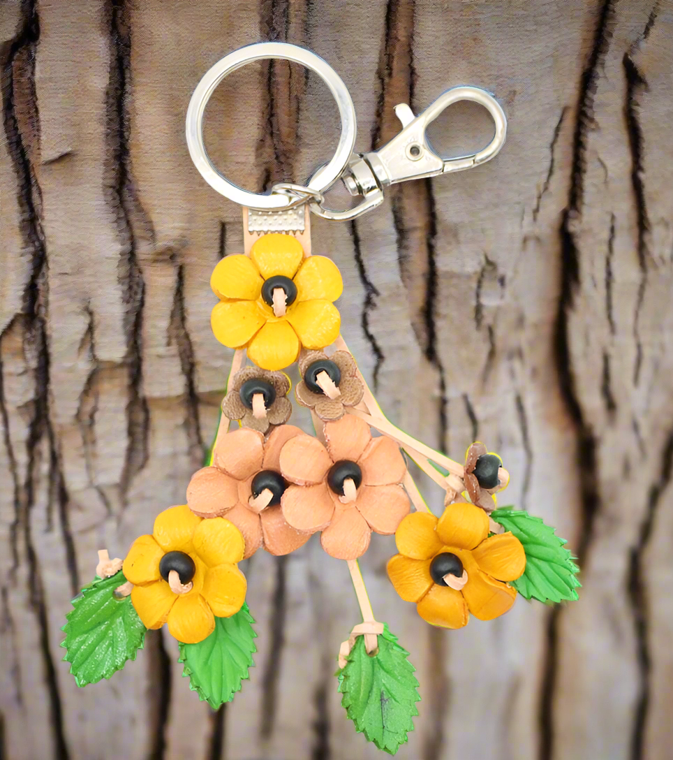 Small Leather Bag Charm/Keychain- Poppies Yellow