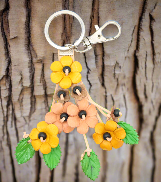 Small Leather Bag Charm/Keychain- Poppies Yellow