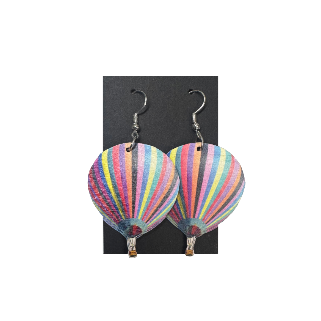 Hot Air Balloon Earrings - Assorted Wooden - Stripes - 2 x 1.5 inch