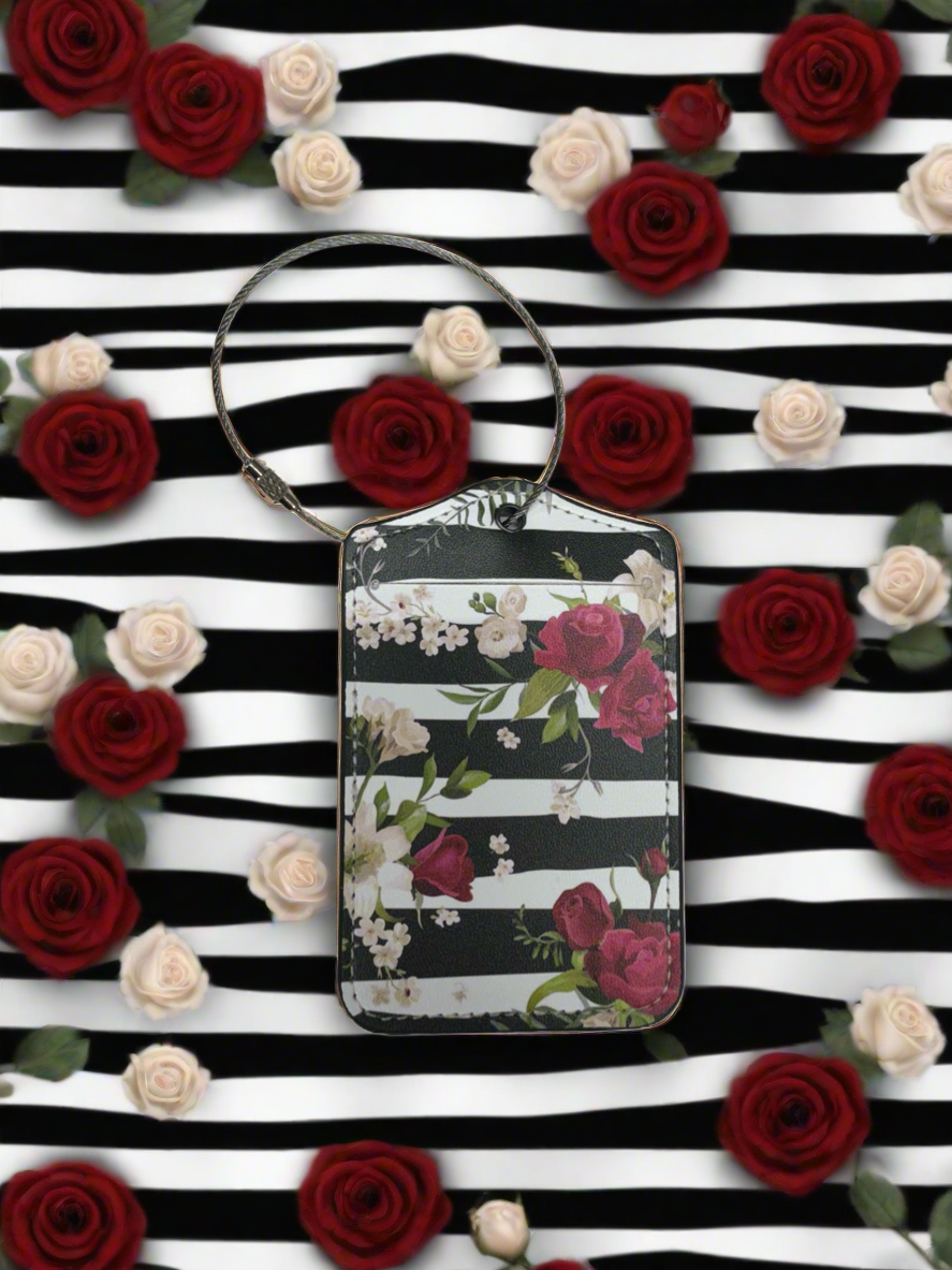 Luggage Tag- Floral Collection Roses- B&W Stripes
