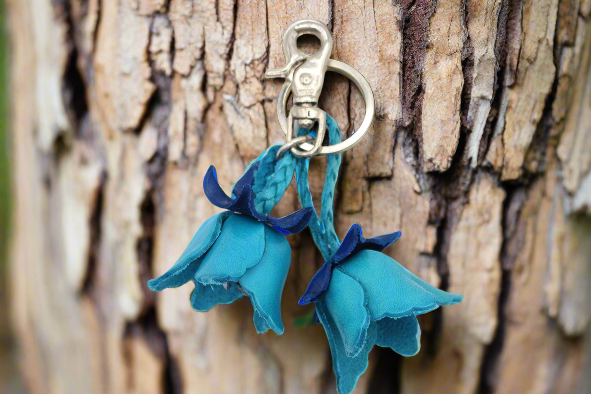 Small Leather Bag Charm/Keychain- Tulips Blue