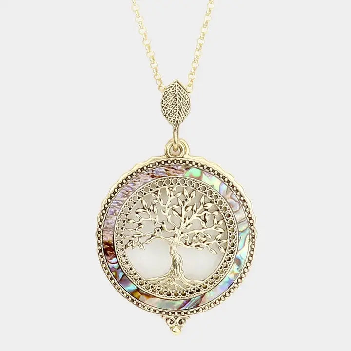 The Tizana 6x Magnifying Glass Pendant Necklace Sliding Tree of Life With Abalone Antique Gold