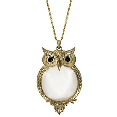 The Tizana 6x Magnifying Glass Pendant Necklace Owl Antique Gold