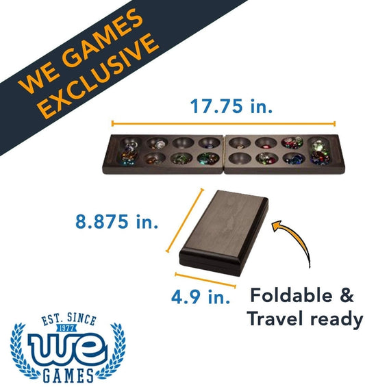 WE Games - Folding Mancala Game - Dark Stained Wood & Glass Stones