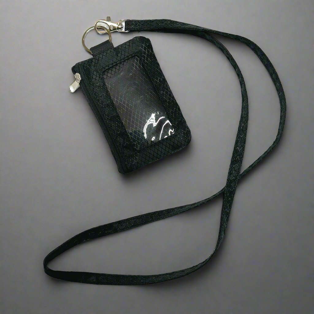 Small 4x3 RFID Card & ID Zippered Wallet Lanyard Black
