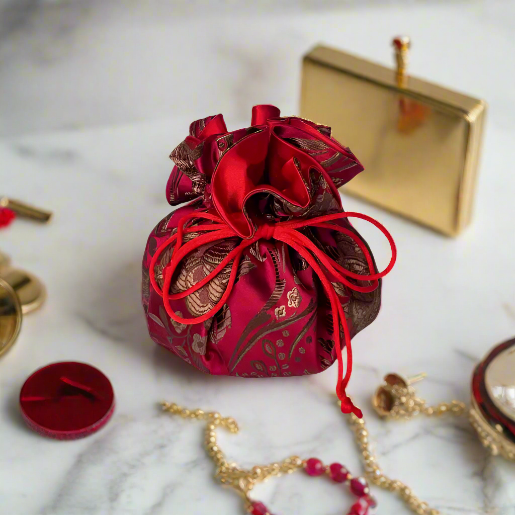 Cathayana Jewelry Pouch Floral Brocade- Red Brown Gold