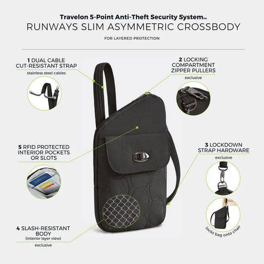 Travelon Runways Anti-Theft Slim Asymmetric Crossbody w/ RFID