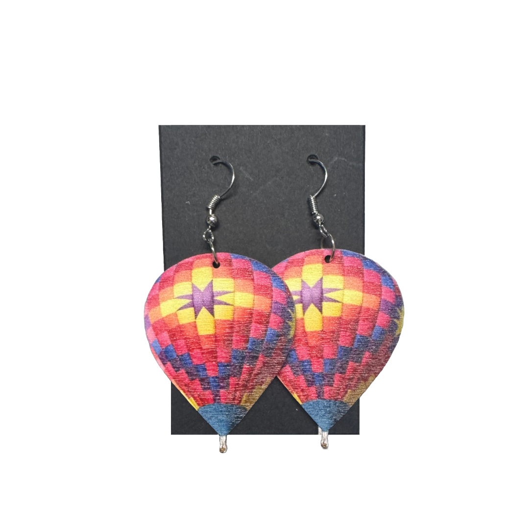 Hot Air Balloon Earrings - Assorted Wooden - Star - 2 x 1.5 inch