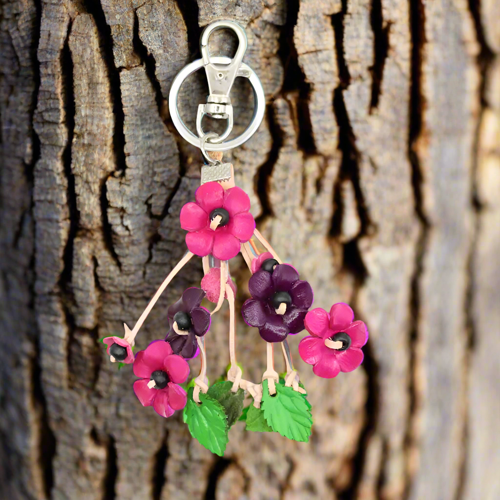 Small Leather Bag Charm/Keychain- Poppies Magenta