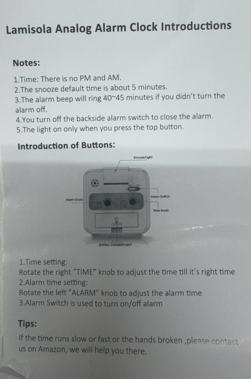 Analog Alarm Clock- battery not included