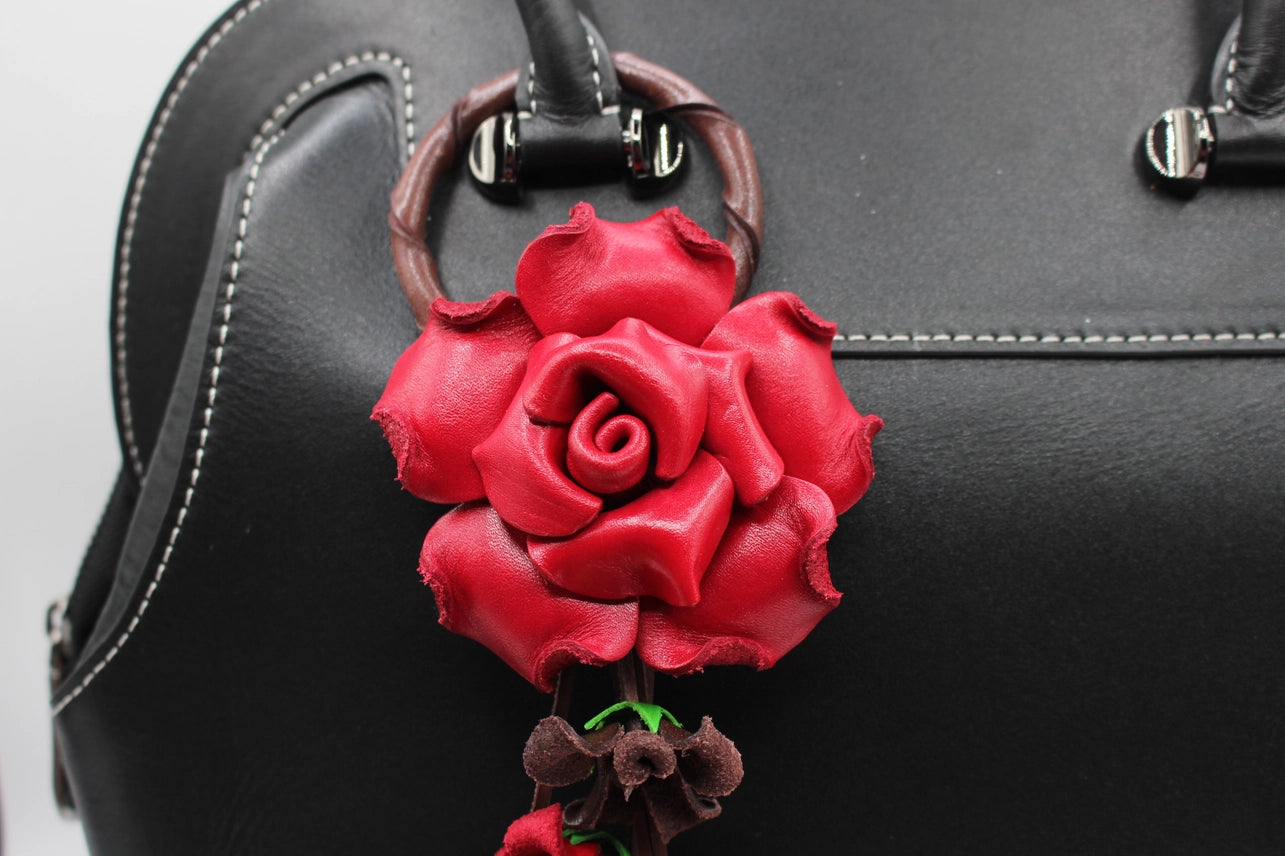 Leather Bag Charm/Keychain- Rose Red