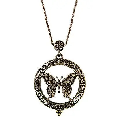 The Tizana 6x Magnifying Glass Pendant Necklace Sliding Butterfly Antique Gold