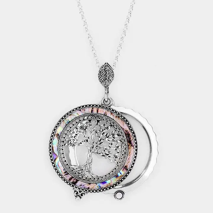 The Tizana 6x Magnifying Glass Pendant Necklace Sliding Tree of Life With Abalone Antique Silver