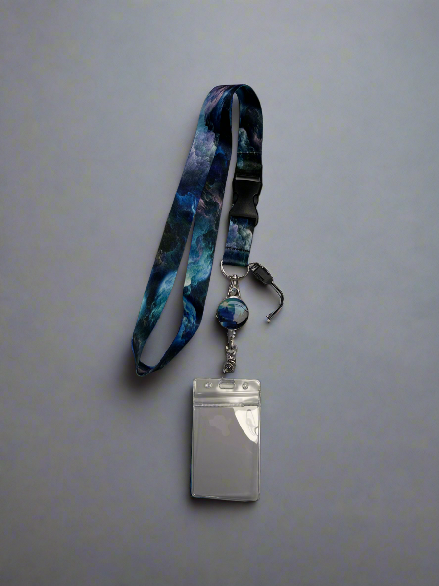 Cruise Ship Keycard Retractable Lanyard- Rivers River Blue with Blue Purple Black Lanyard
