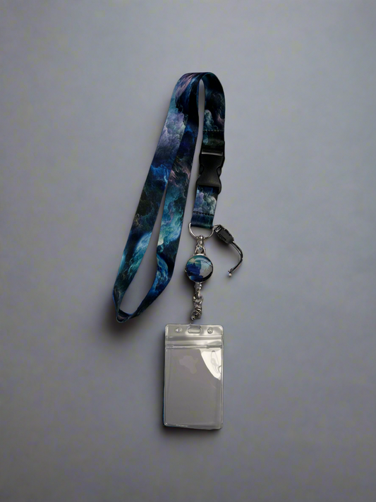 Cruise Ship Keycard Retractable Lanyard- Rivers River Blue with Blue Purple Black Lanyard