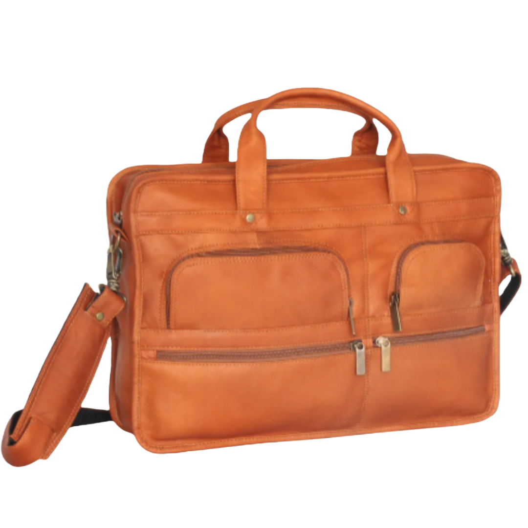 David King & Co. 171 Leather Multi Pocket Zippered Briefcase with Single Gusset Tan