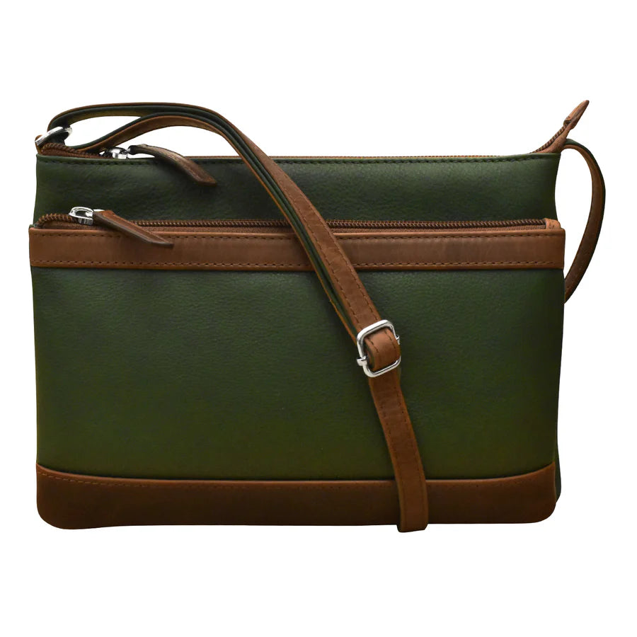 ili New York Leather Double Zip Multi Color Crossbody- 6028 Hunter Green Rustic Brown