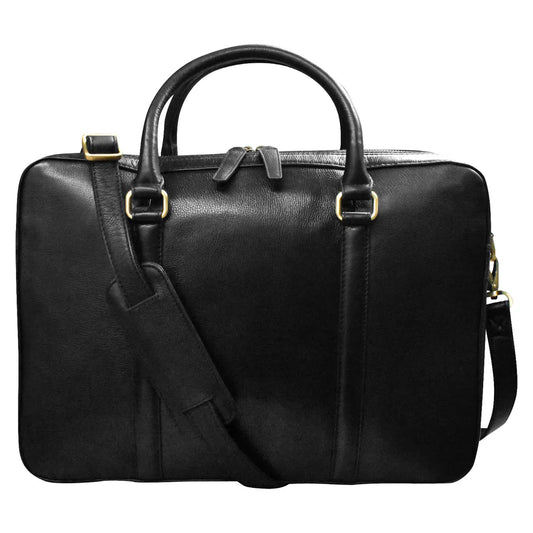 Leather Laptop Briefcase with Passthrough Trolley Sleeve Black