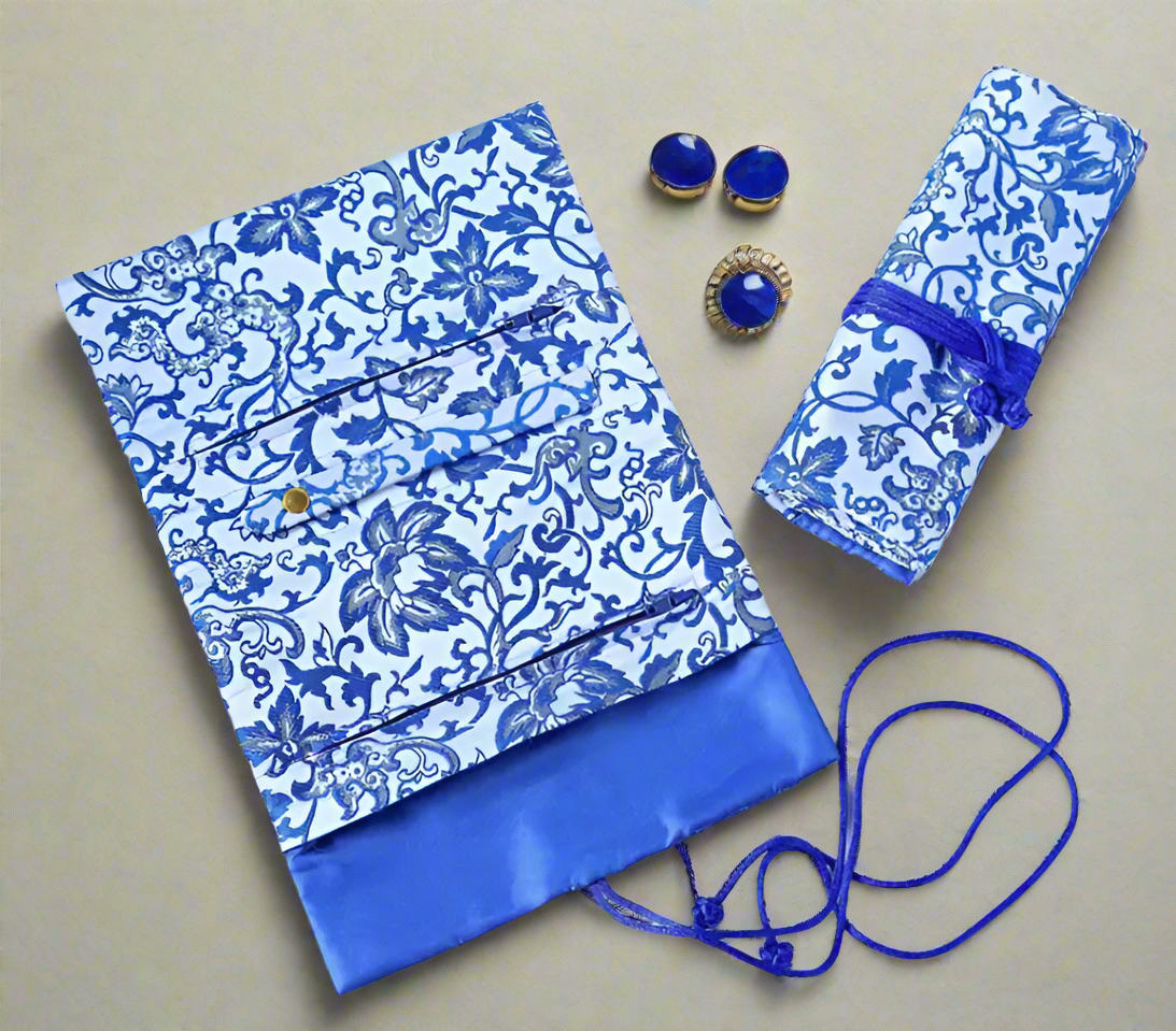 Cathayana Jewelry Rolls Floral Brocade- Blue White
