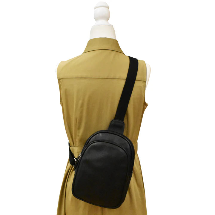 ili New York Leather Double Zip Crossbody Sling Black