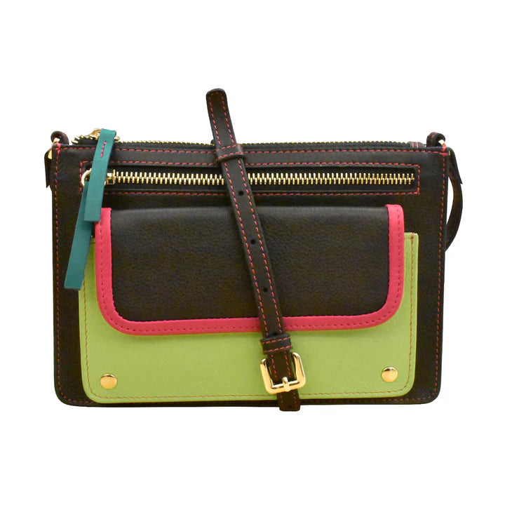 ili New York Leather Multi Color Slim Crossbody- 6774 Black Brights
