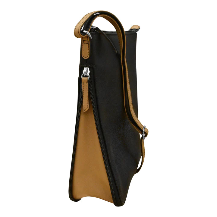 ili New York Leather Expandable Crossbody Bag- 6930 Black Camel