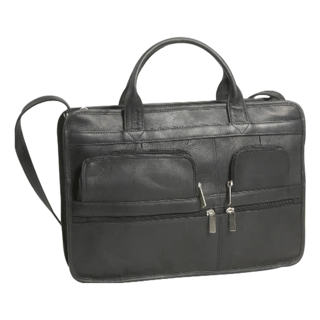 David King & Co. 171 Leather Multi Pocket Zippered Briefcase with Single Gusset Black
