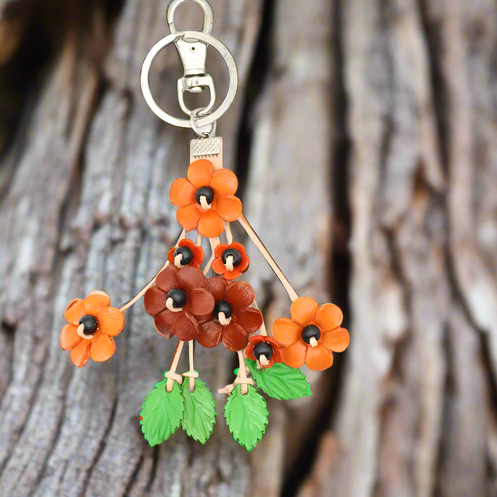 Small Leather Bag Charm/Keychain- Poppies Orange