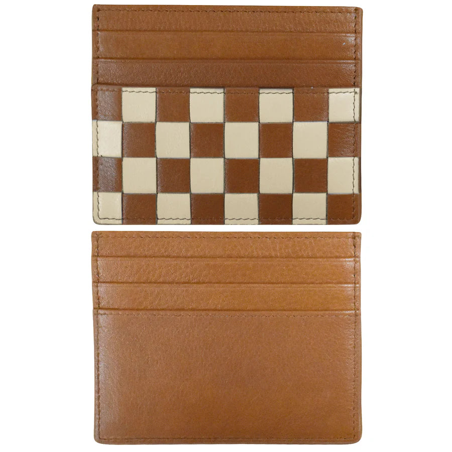 ili New York Leather RFID Checkerboard Card Case Wallet Antique Saddle Stone