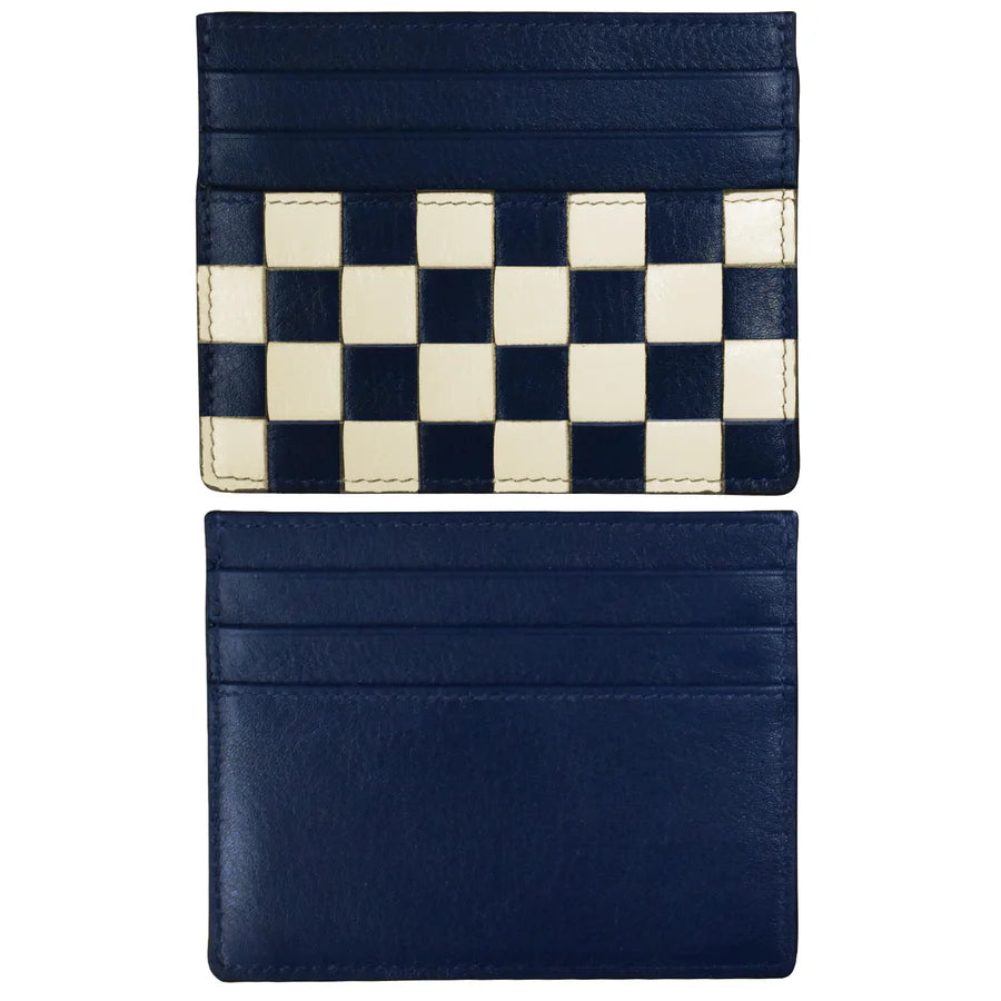 ili New York Leather RFID Checkerboard Card Case Wallet Classic Navy Stone