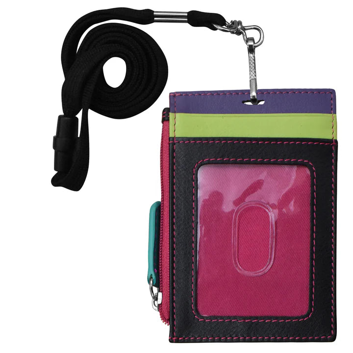 ili New York Leather Vertical Zip I.D. Holder with Lanyard- 7118 Black Brights