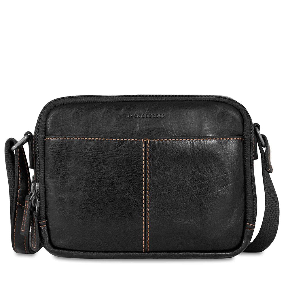Jack Georges Leather Voyager Double Zippered Crossbody Bag - 7195 Black