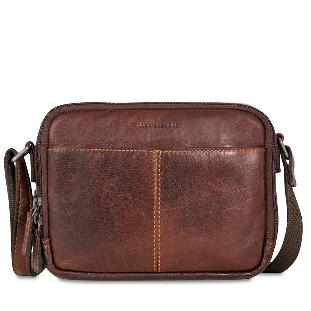 Jack Georges Leather Voyager Double Zippered Crossbody Bag - 7195 Brown