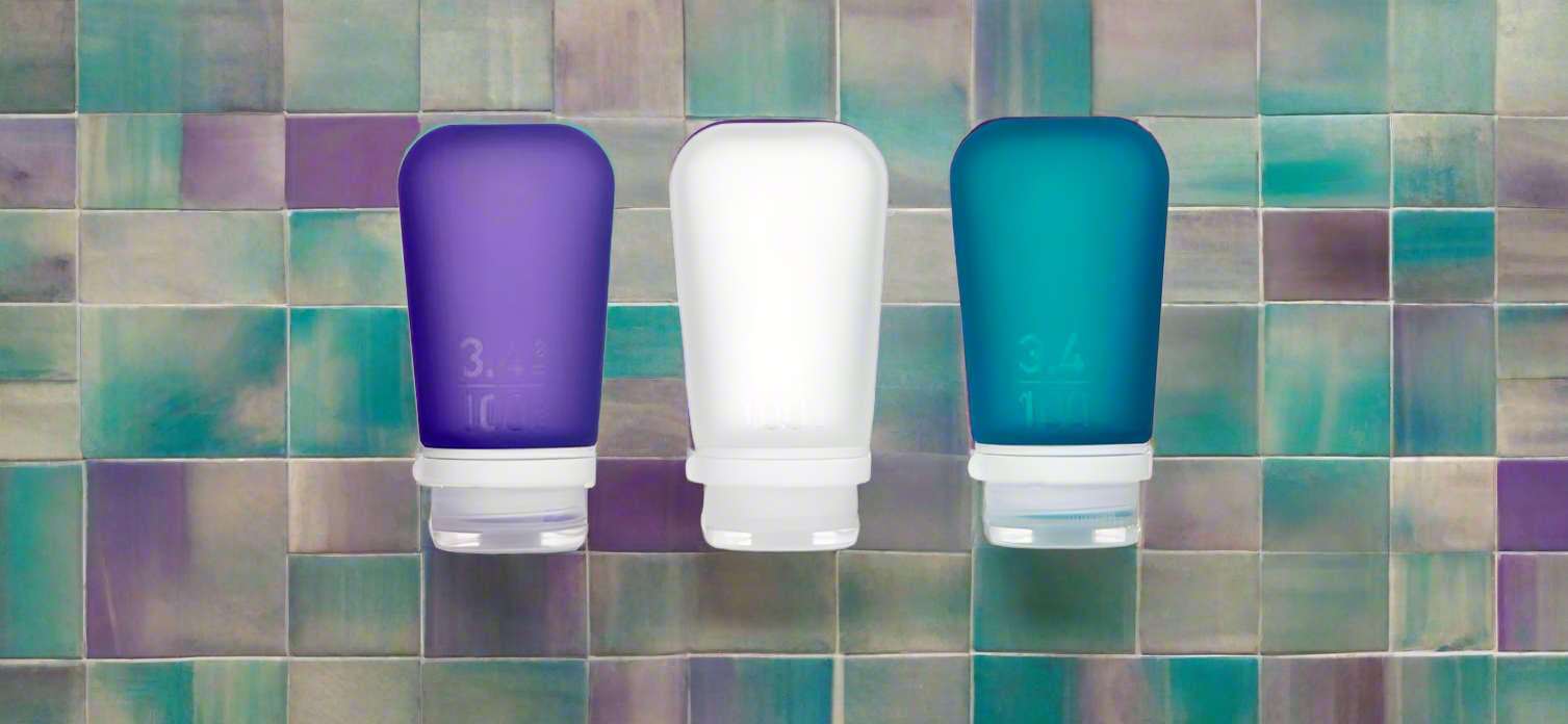 Humangear - 3.4 oz GoToob+ 3-Pack Silicone 3-1-1 Toiletry Bottles (LARGE) Clear Purple Teal
