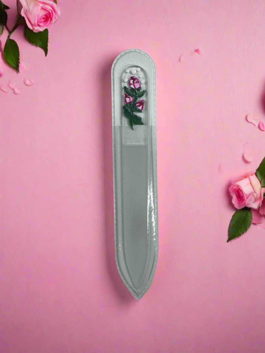 Czech Crystal Nail File - Size Small- Hand Painted Collection Pink Rose