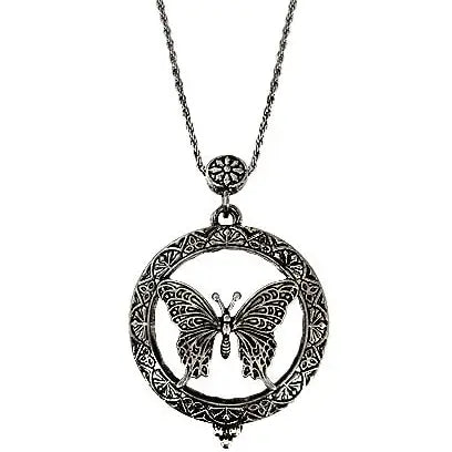 The Tizana 6x Magnifying Glass Pendant Necklace Sliding Butterfly Antique Silver