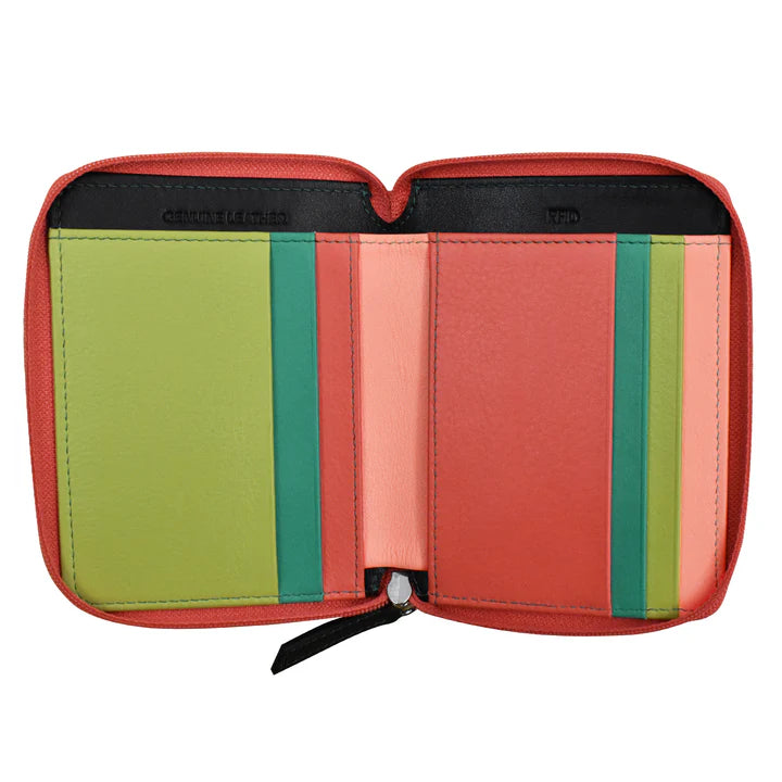 ili New York Small Leather RFID Multi Color Zip Wallet- 7858 Peach Multi