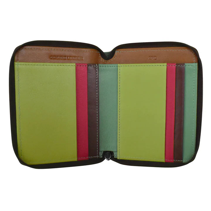 ili New York Small Leather RFID Multi Color Zip Wallet- 7858 Sage Multi