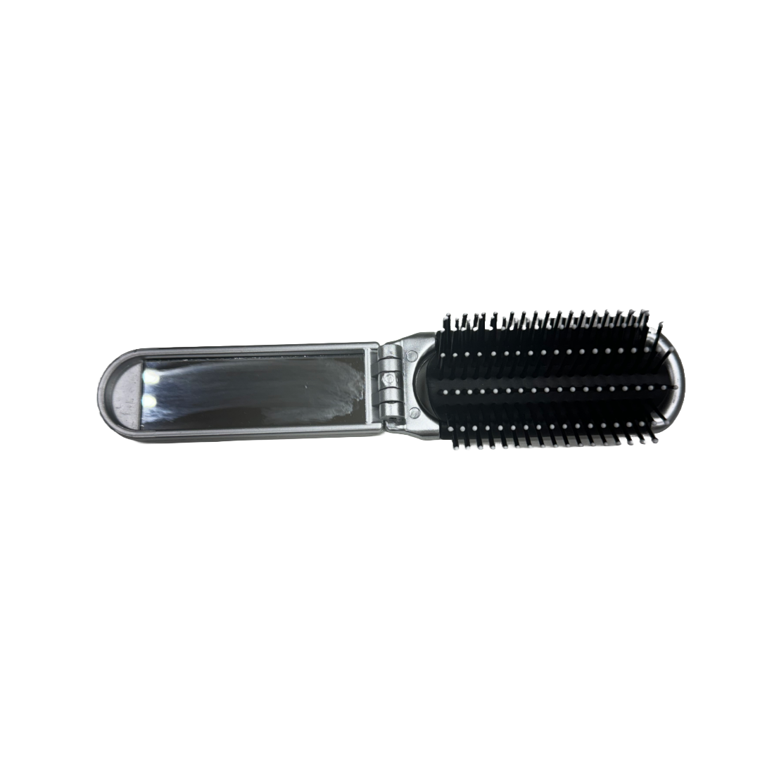 Travel Folding Hair Brush with Mirror Silver