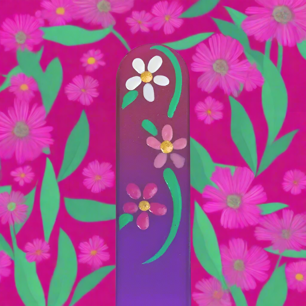 Czech Crystal Nail File - Size Small- Hand Painted Collection Vibrant Flower Magenta Purple