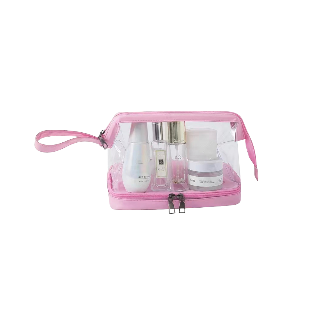 Wet/Dry Clear Travel Toiletry/Cosmetic Zip Bag With Carrying Handle Pink
