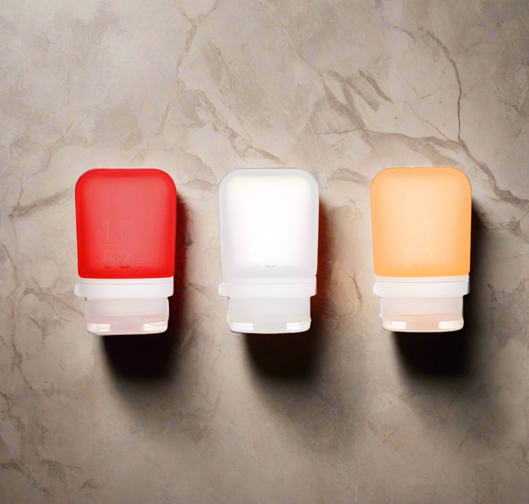 Humangear 1.7 oz GoToob+ 3-Pack Silicone 3-1-1 Toiletry Bottles (SMALL) Clear Red Orange
