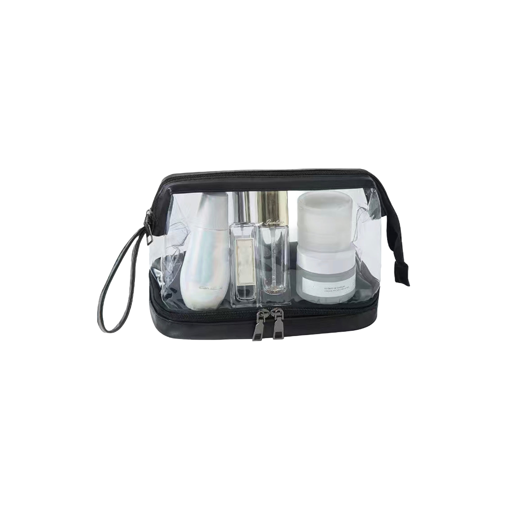 Wet/Dry Clear Travel Toiletry/Cosmetic Zip Bag With Carrying Handle Black