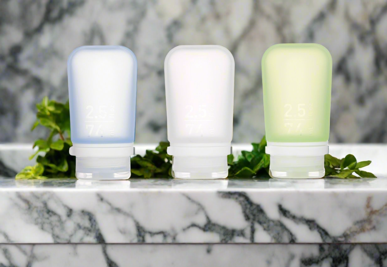 Humangear 2.5 oz GoToob+ 3-Pack Silicone 3-1-1 Toiletry Bottles (MEDIUM) Clear Green Blue