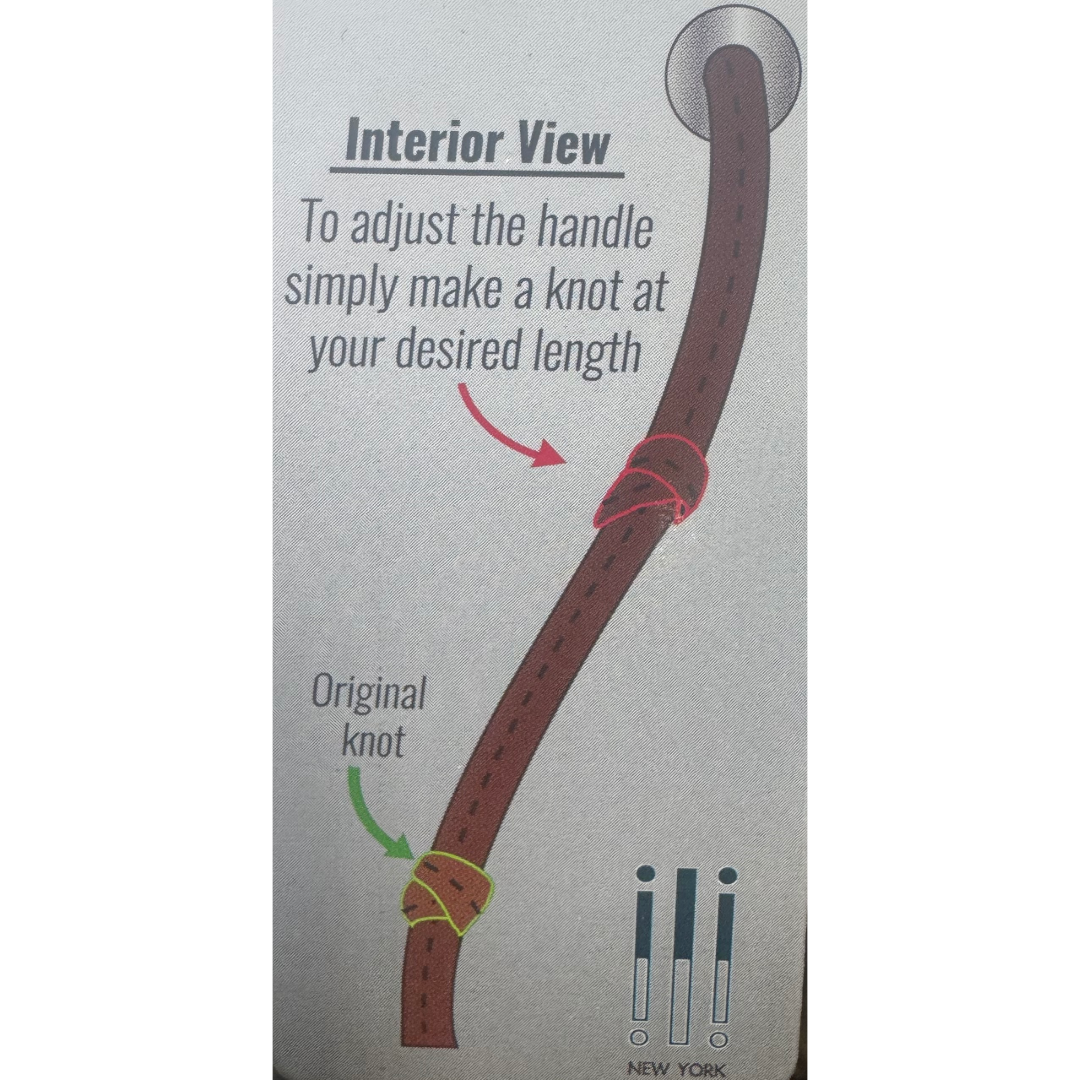 #Interior View: To adjust the handle simply make a knot at your desired length. (Shows Green Arrow pointing to lower "Original Knot" and Red Arrow pointing to higher "New Knot")