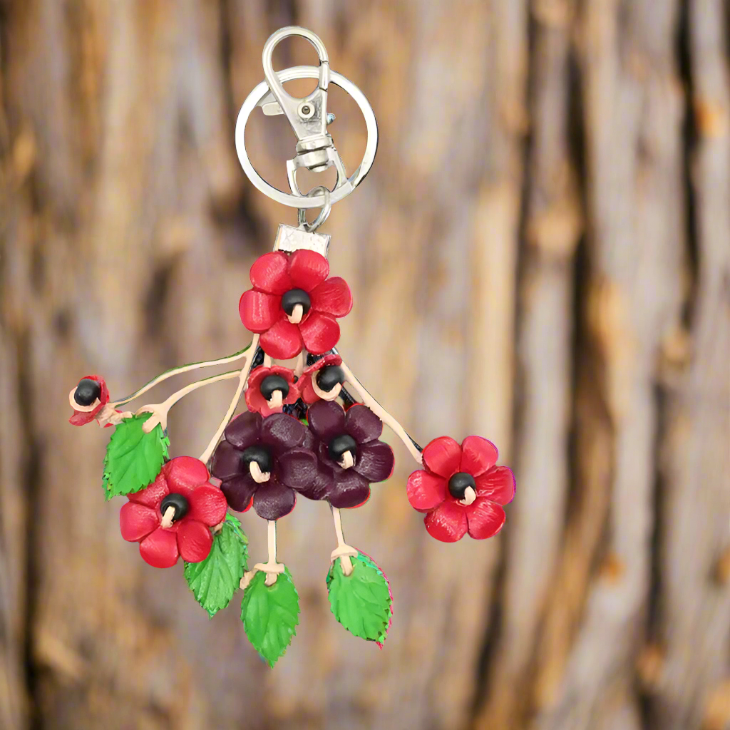 Small Leather Bag Charm/Keychain- Poppies Red